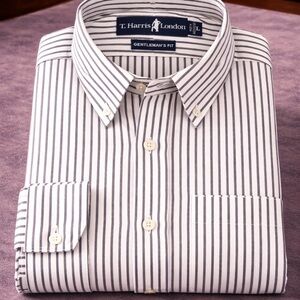 T Harris London Shirt Mens Large Gray White Stripe Button Down Cotton Dress